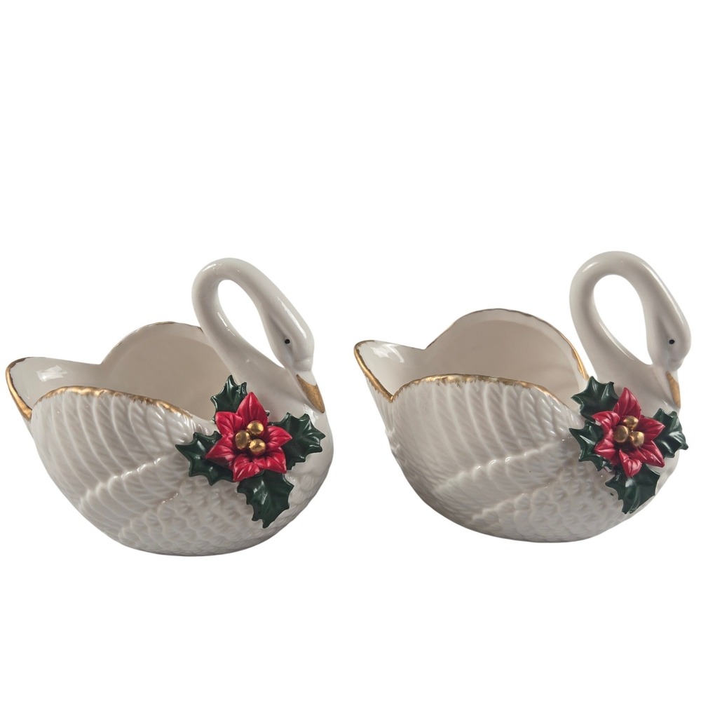 Vintage Hermitage Pottery Swan Poinsettia Christmas Decor Planters Set of 2